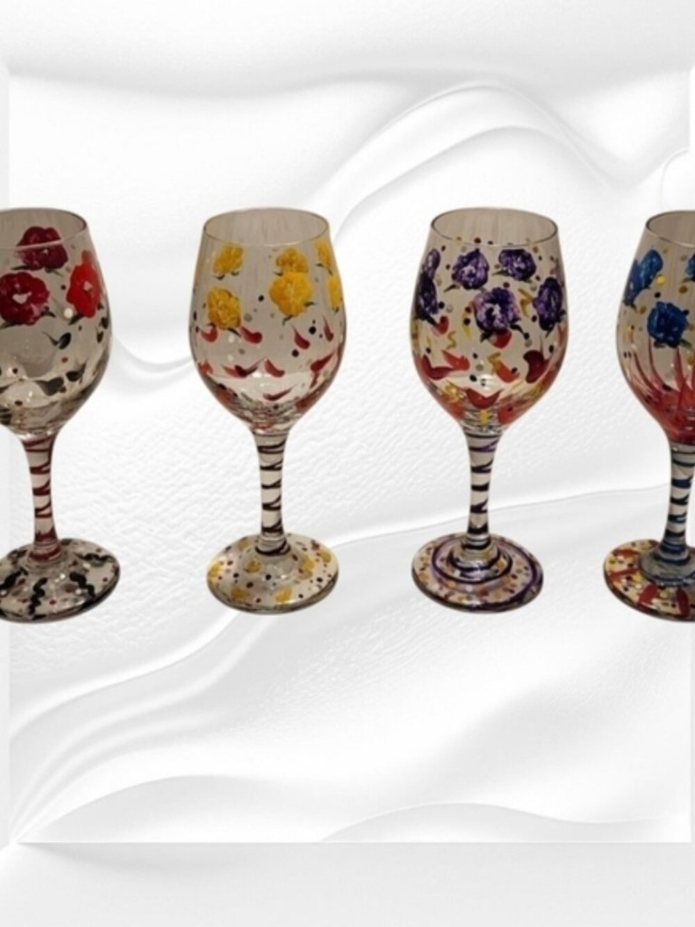 Set of 4 10 oz. Festive Hand Painted Floral Colorful Stemmed Wine Glasses